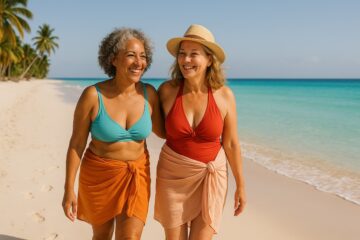 Due donne sorridono camminando su una spiaggia a Santo Domingo