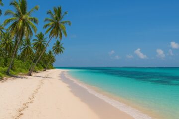 Spiaggia di sabbia bianca a Mafia Island con palme e mare cristallino