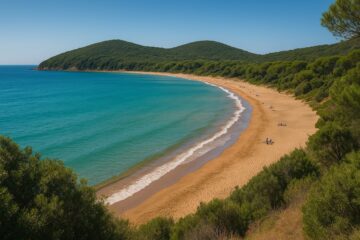 Spiaggia sabbiosa del Golfo di Baratti con mare cristallino e vegetazione mediterranea