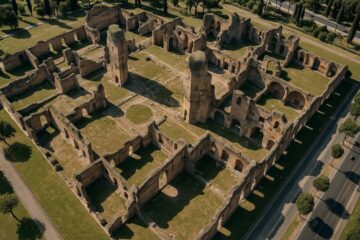 Vista dall’alto delle rovine delle Terme di Caracalla che mostrano la pianta del complesso