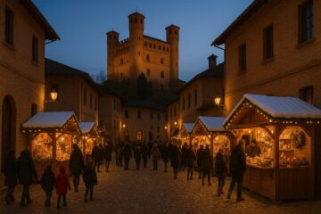 Mercatino natalizio in un borgo piemontese con famiglie, bancarelle e decorazioni festive