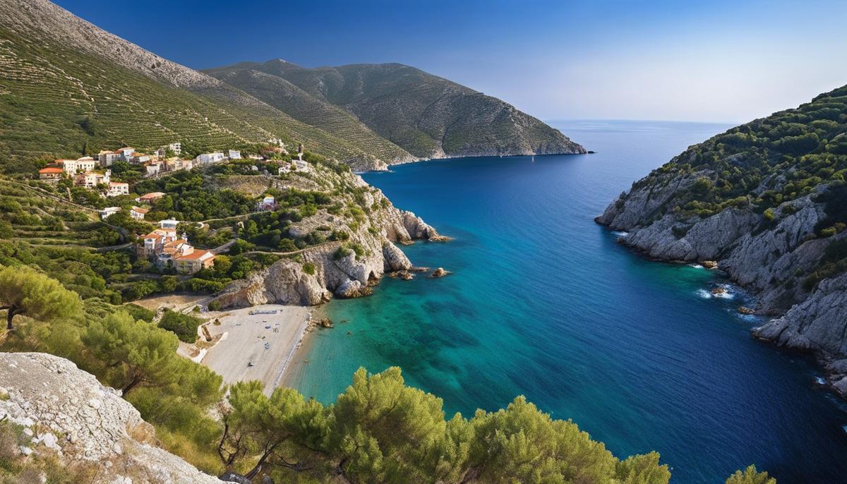 Image of the breathtaking Himara Riviera coastline with olive-covered hills, pebble beaches, steep cliffs, and idyllic bays.