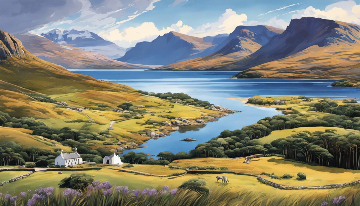 Illustration depicting the stunning landscape of Wester Ross with mountains, lakes, and historical sites.