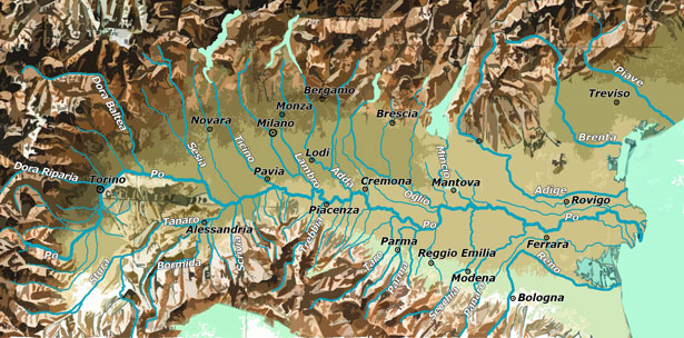 Cartina fisica della Pianura Padana