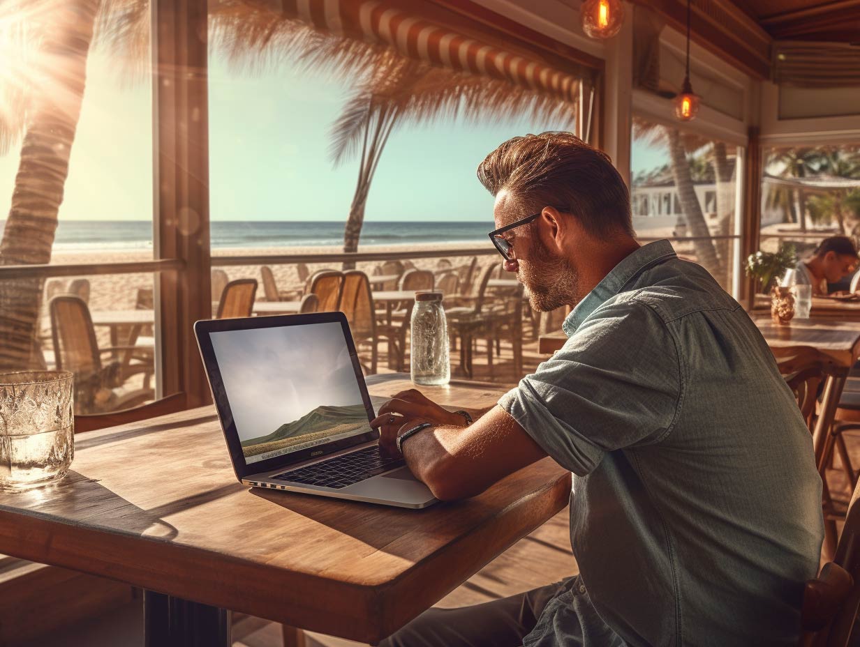 man laptop beach bar