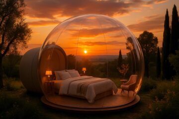Bubble room in Italia al tramonto, struttura trasparente immersa nella natura