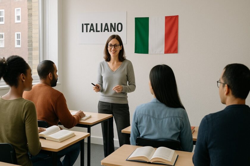 Insegnante di italiano a Londra con studenti adulti in un’aula moderna