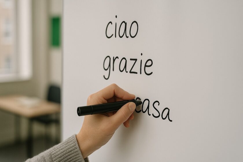 Mano che scrive in italiano su una lavagna in una scuola a Londra
