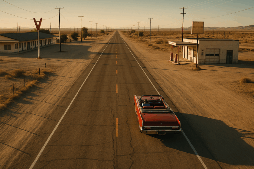 Auto vintage su strada americana con tappe lungo la Route 66
