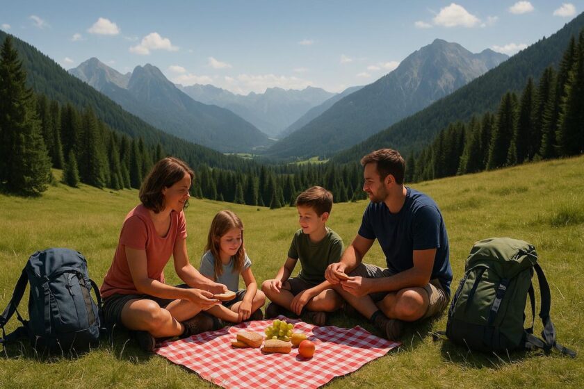 Famiglia che si gode un picnic in montagna durante vacanze low cost