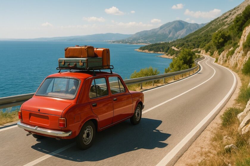 Auto in viaggio lungo la costa croata per vacanza low cost