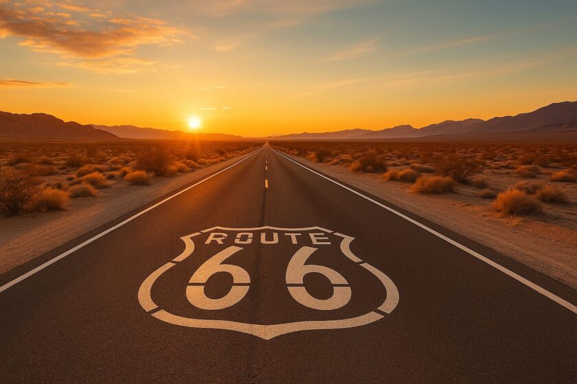 Strada della Route 66 nel deserto al tramonto con segnaletica visibile