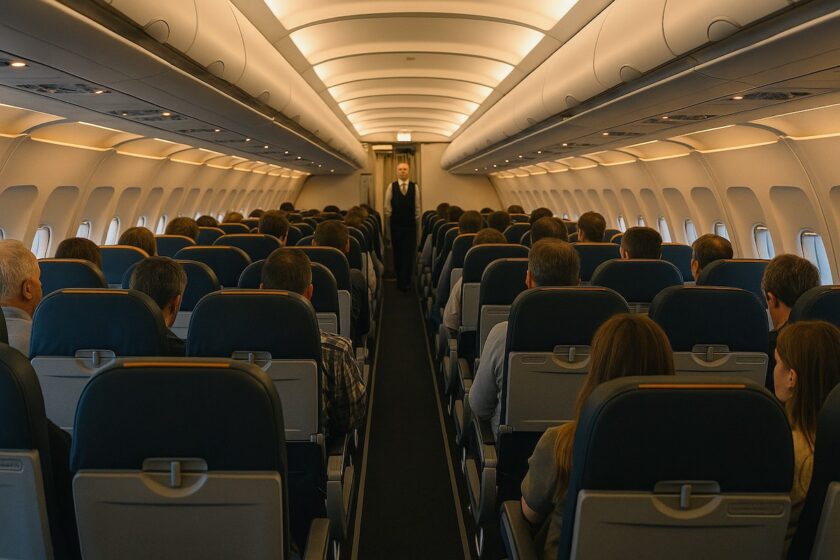 Vista interna cabina aereo low cost con passeggeri e personale di bordo