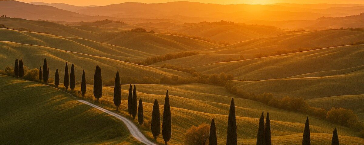 Colline toscane al tramonto con cipressi e stradina panoramica