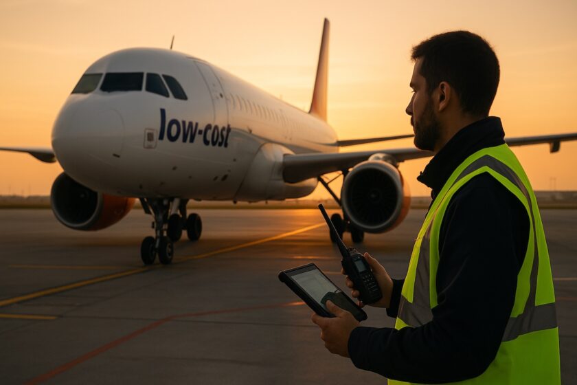 Tecnico effettua ispezione di sicurezza su aereo di compagnia low cost in pista