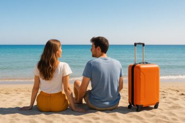 Coppia in vacanza al mare a giugno con valigia