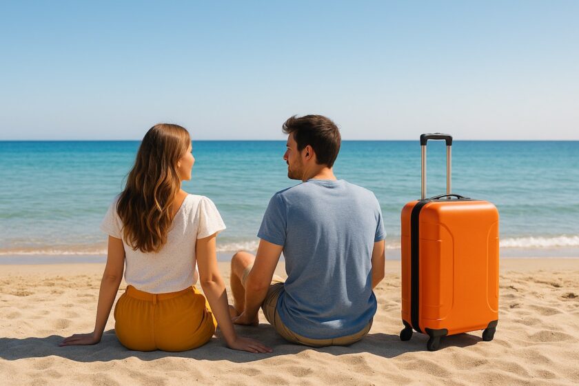 Due viaggiatori godono di una vacanza al mare a giugno approfittando delle offerte stagionali prima dell’alta stagione.