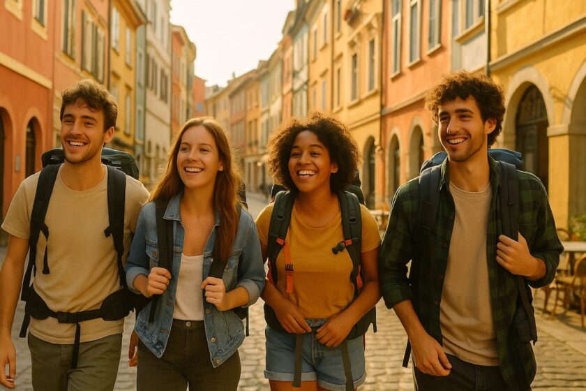 Gruppo di giovani in viaggio low cost in una città europea