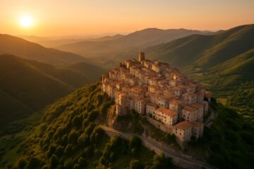 Rocca Massima vista dall’alto con colline circostanti e luce calda del tramonto