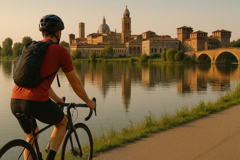 Ciclista in arrivo a Mantova lungo pista ciclabile panoramica