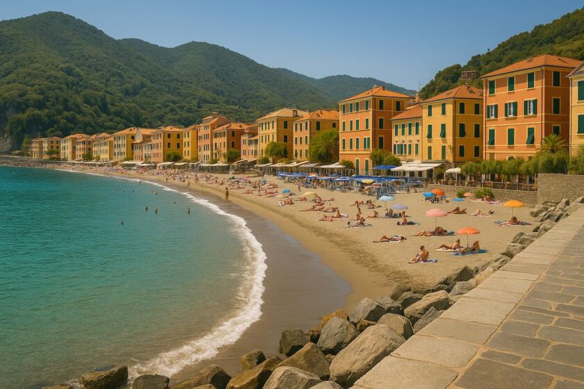 Spiaggia di Moneglia vista dal centro storico con case colorate e mare turchese