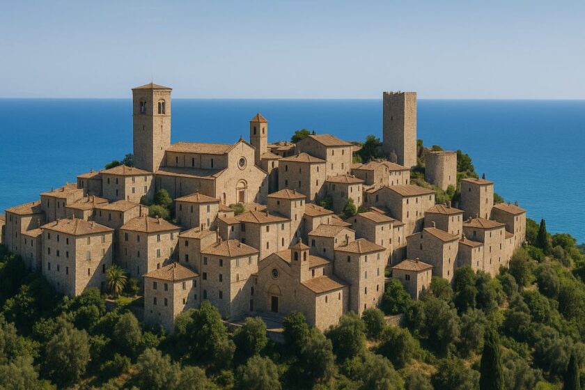 Vista dall’alto di Campiglia Marittima con il mare della Costa degli Etruschi sullo sfondo