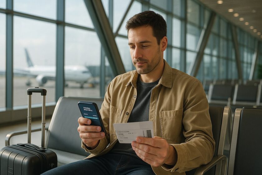 Viaggiatore controlla le miglia Alitalia su smartphone in aeroporto.
