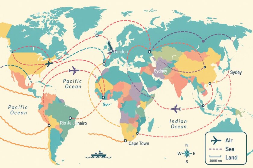 Mappa del mondo con linee di viaggio che simboleggiano aerei, navi e percorsi terrestri