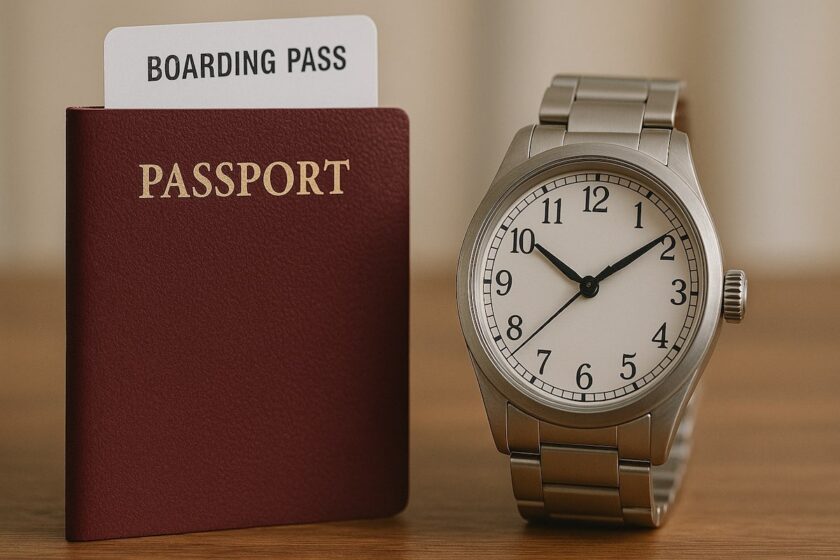 Passaporto e carta d’imbarco accanto a un orologio: simbolo della scadenza delle miglia.