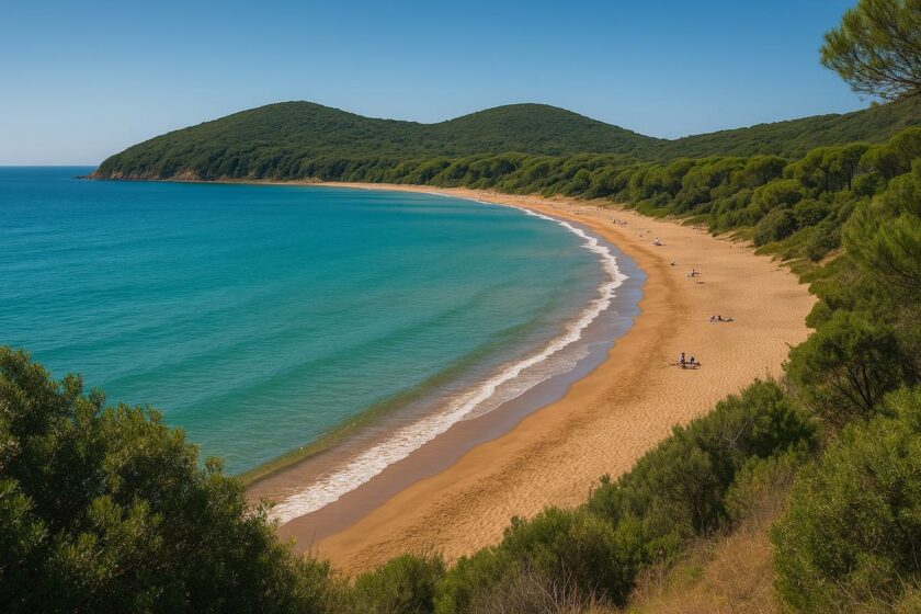 Spiaggia sabbiosa del Golfo di Baratti con mare cristallino e vegetazione mediterranea