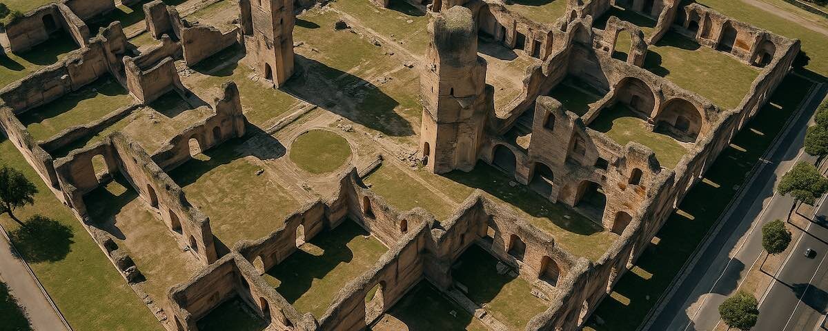 Vista dall’alto delle rovine delle Terme di Caracalla che mostrano la pianta del complesso