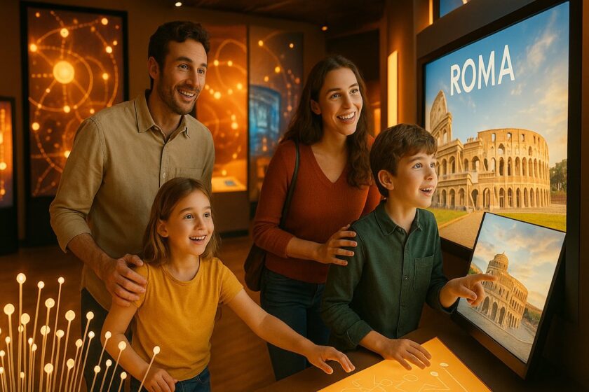 Famiglia con bambini che visita un museo interattivo a Roma, circondata da luci e installazioni multimediali.