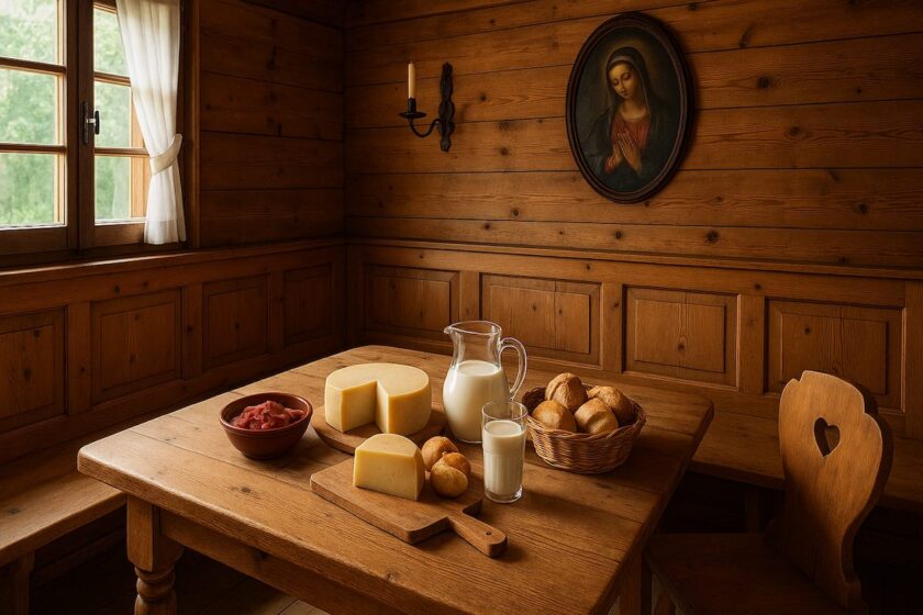 Sala in legno di una malga in Veneto con tavolo apparecchiato con formaggi, pane e latte fresco