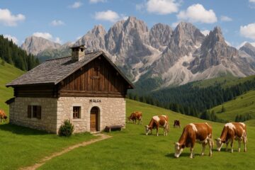 Malga tradizionale veneta in pietra e legno, circondata da pascoli verdi e montagne