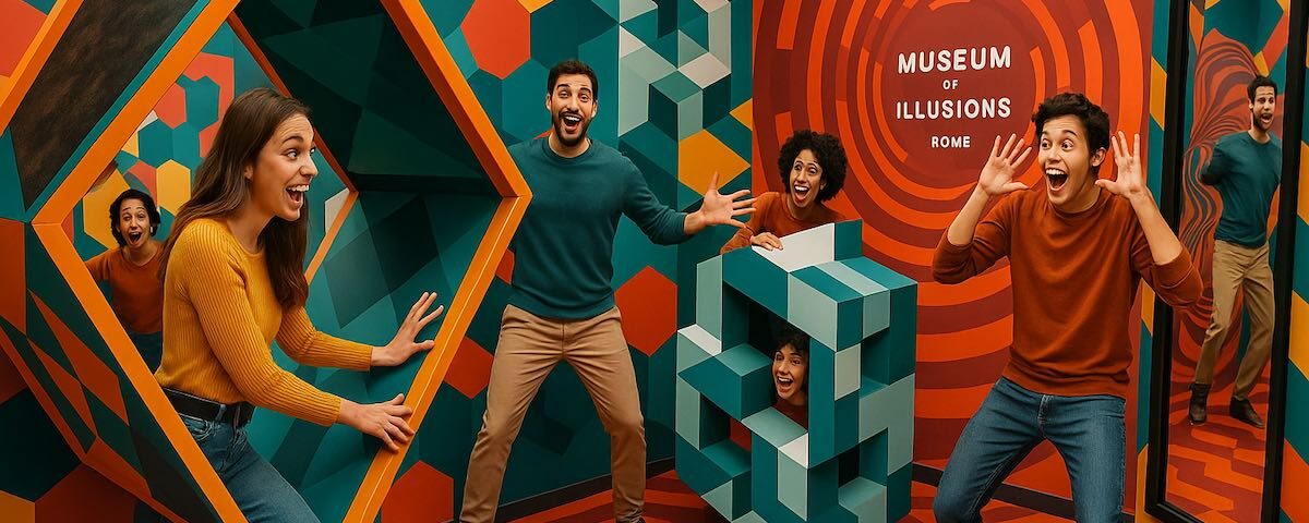 Visitatori sorridenti nel Museo delle Illusioni di Roma, immersi tra giochi di specchi e illusioni ottiche.