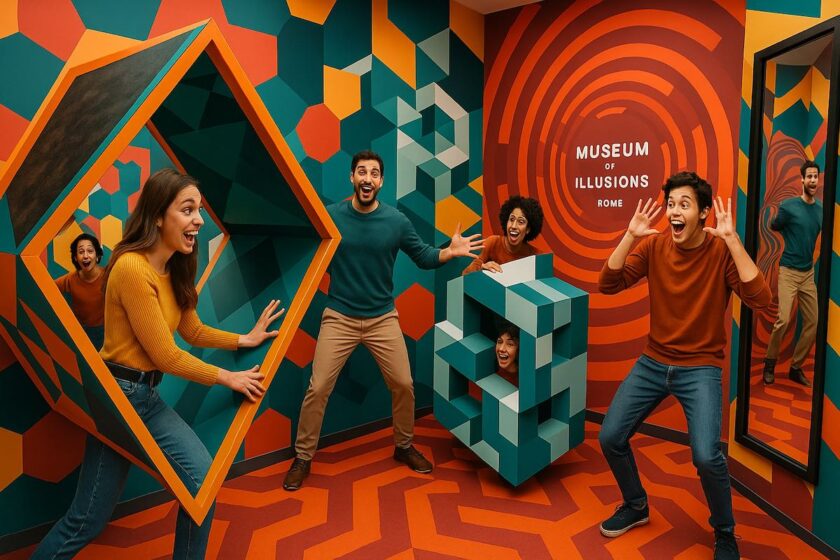 Visitatori sorridenti nel Museo delle Illusioni di Roma, immersi tra giochi di specchi e illusioni ottiche.