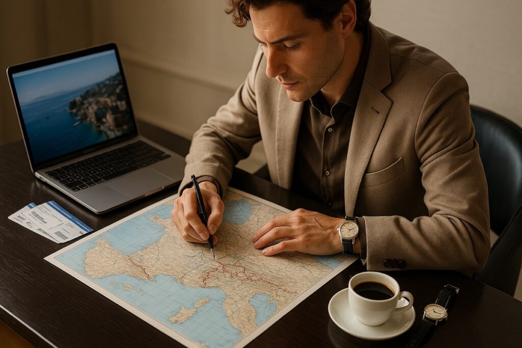 Travel designer che organizza un viaggio di lusso su mappa con laptop e biglietti aerei.