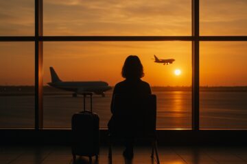 Viaggiatore seduto in aeroporto con la valigia che guarda gli aerei al tramonto, simbolo di libertà e serenità.