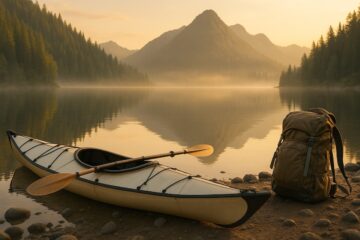 Canoa pieghevole posata a riva su un lago di montagna all’alba