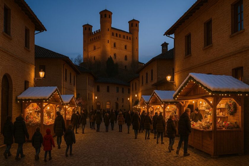 Mercatino natalizio in un borgo piemontese con famiglie, bancarelle e decorazioni festive