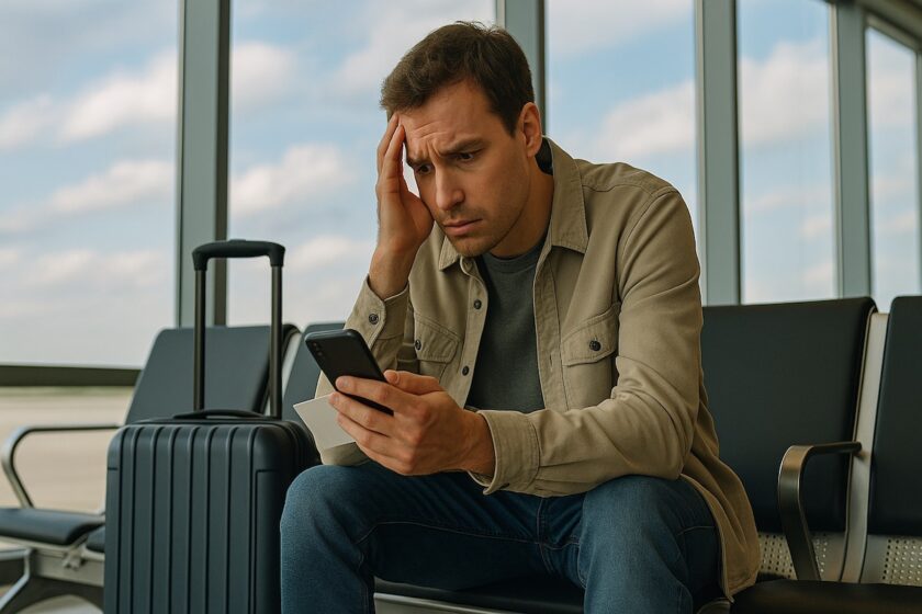 Viaggiatore in aeroporto controlla il telefono in attesa di notizie sul volo