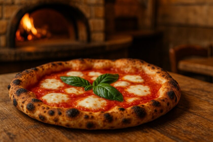 Pizza Margherita con cornicione alta servita in ristorante italiano a Miami Beach