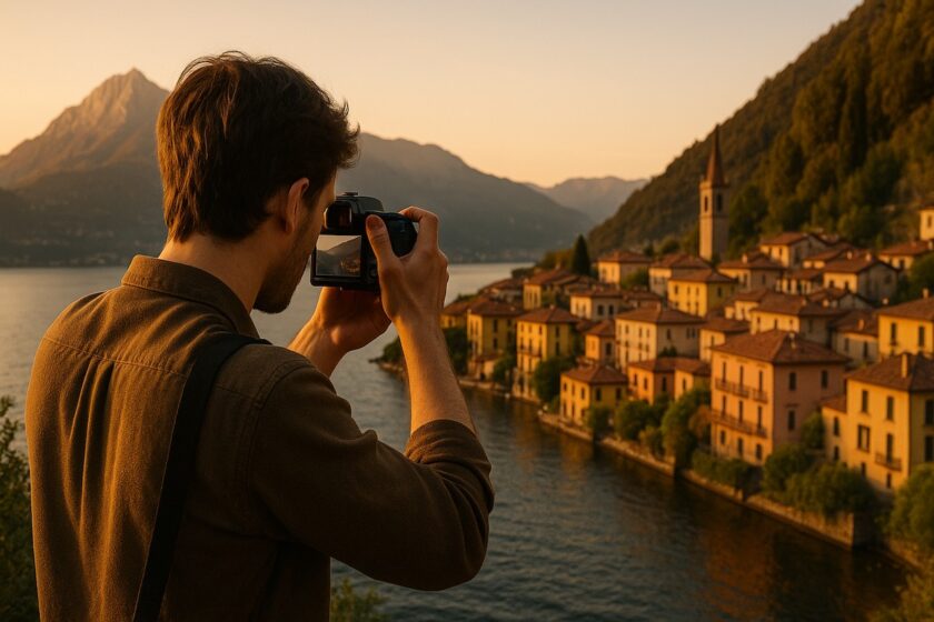 Fotografo che scatta un paesaggio italiano all’alba con vista su lago e montagne