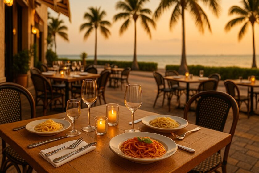 Tavolo apparecchiato in ristorante italiano all’aperto a Miami Beach, al tramonto