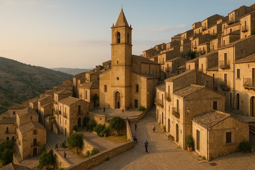 Borgo siciliano arroccato su una collina con case in pietra e campanile al tramonto