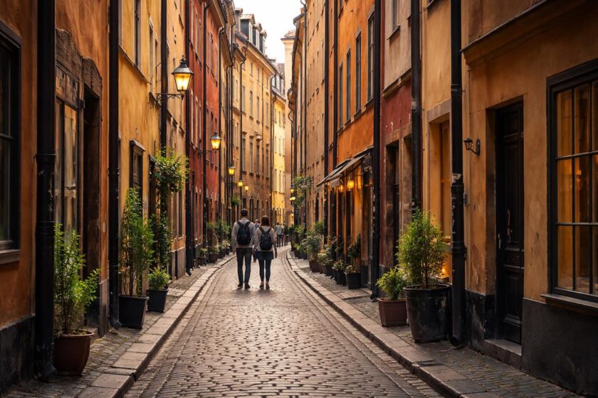 Vicolo di Gamla Stan a Stoccolma con case colorate e pavé