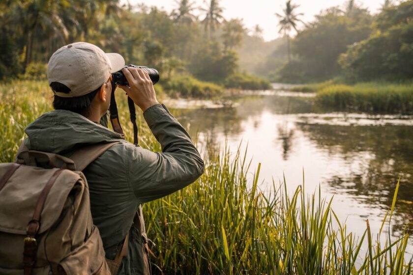 Birdwatching in area umida in Brasile con binocolo e canneti