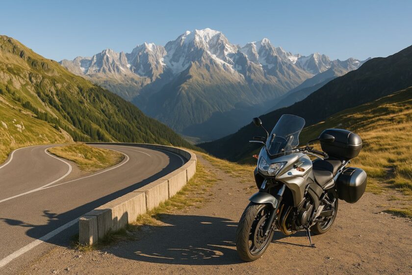 Moto parcheggiata su un tornante di montagna con vista sul massiccio del Monte Bianco in lontananza