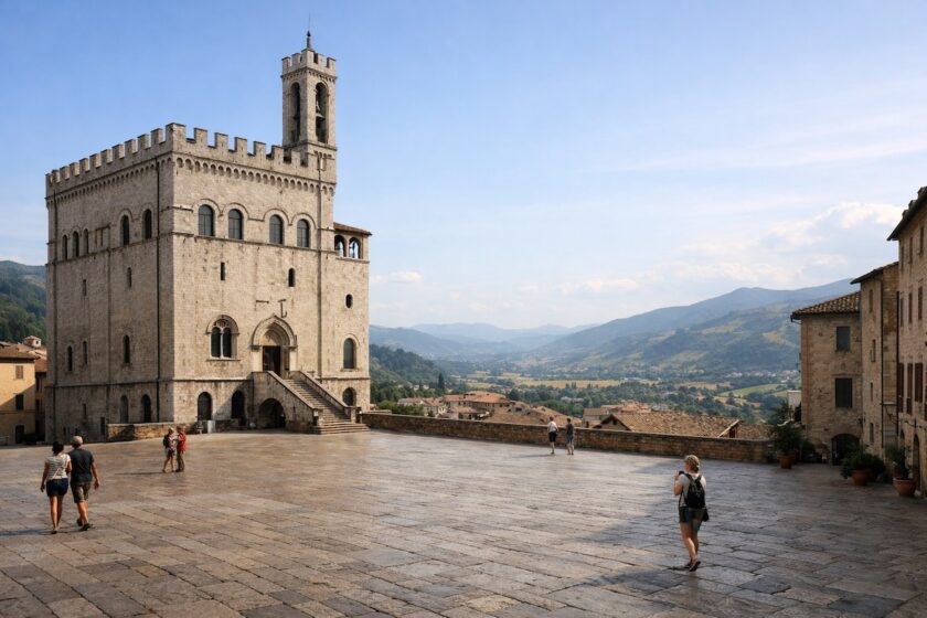 Vista di Piazza Grande a Gubbio con Palazzo dei Consoli e la valle sullo sfondo