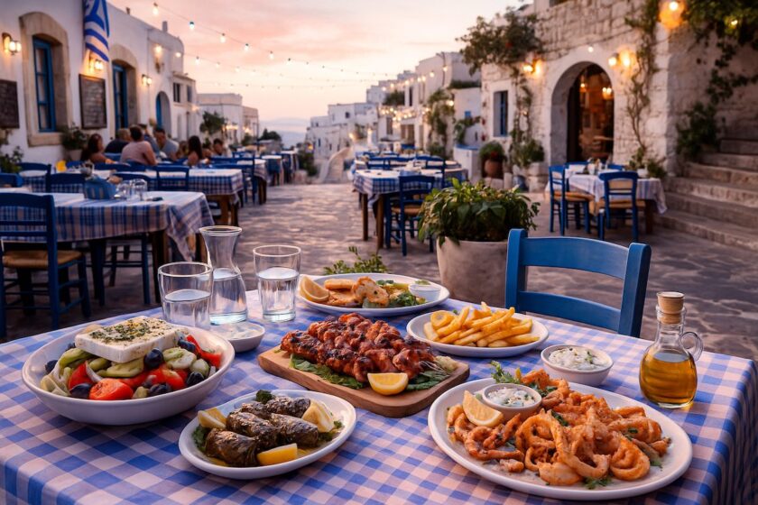 Taverna tipica greca a Theologos con piatti tradizionali all’aperto